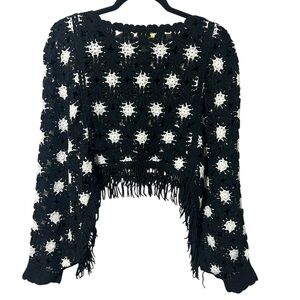 Black and White Crochet Fringe Swearer Poncho House of Harlow